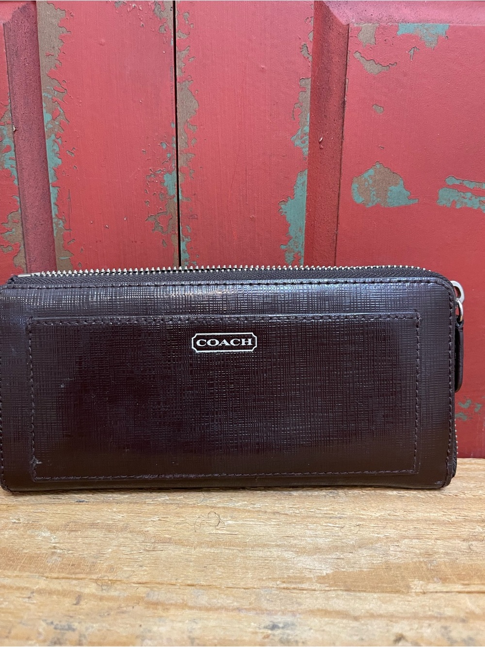 Coach Dark Brown Crossgrain Leather Accordion Zip Wallet